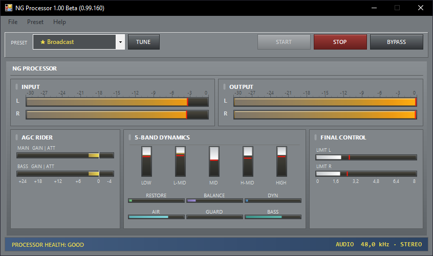 NG Processor main window: preset selector, input/output meters, AGC rider, five-band dynamics and final control