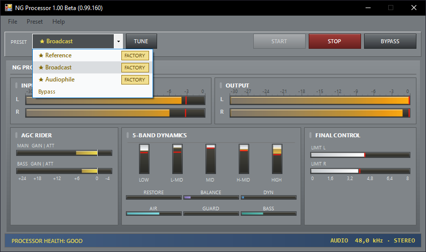 Preset selector with Reference, Broadcast and Audiophile marked as FACTORY, plus Bypass